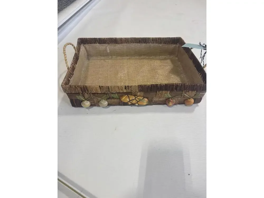 Handwoven Rectangular Wicker Basket Tray‎ with Decorative Fruit Accents